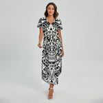 White And Black Maya Calendar Print Short Sleeve Maxi Dress