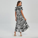 White And Black Maya Calendar Print Short Sleeve Maxi Dress