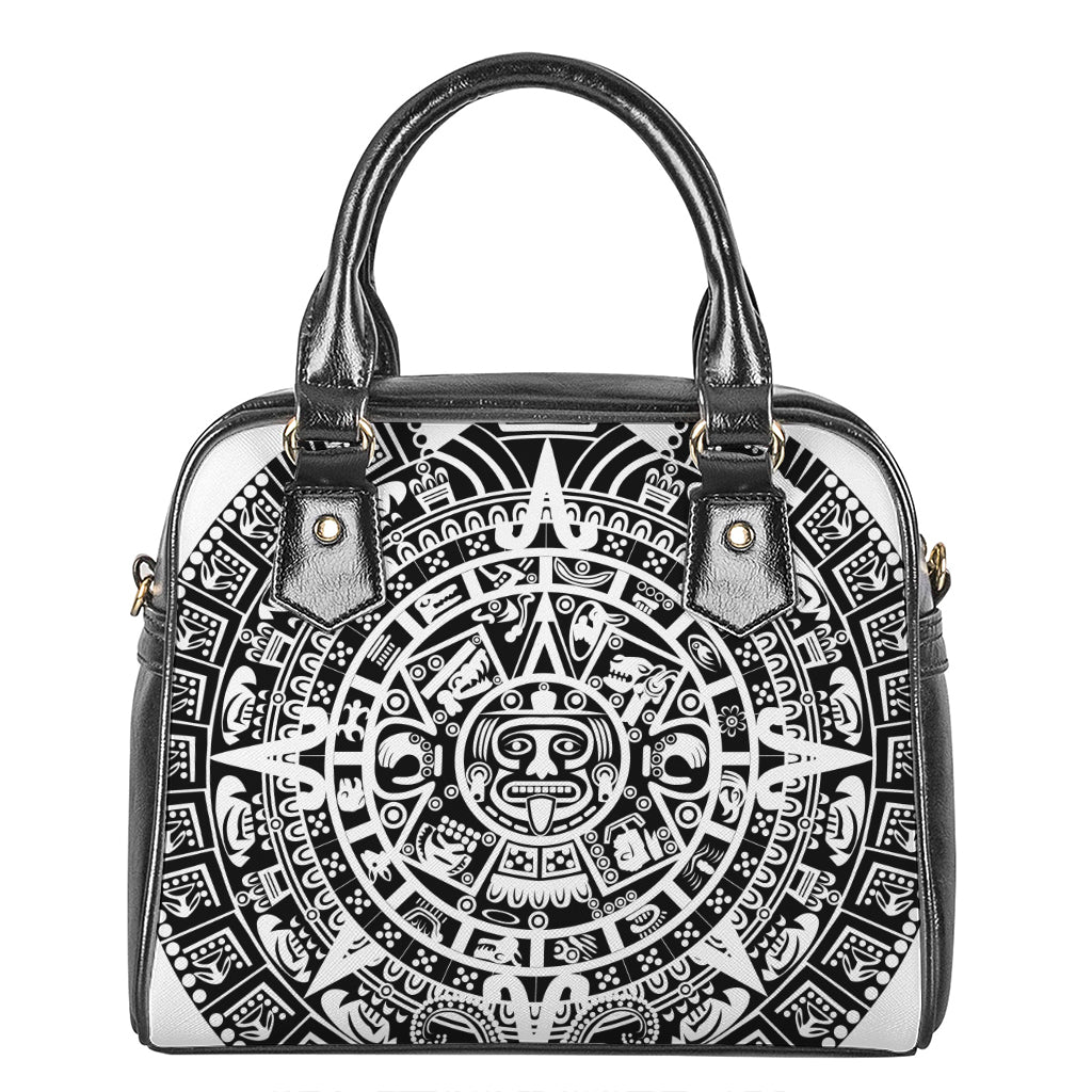 White And Black Maya Calendar Print Shoulder Handbag