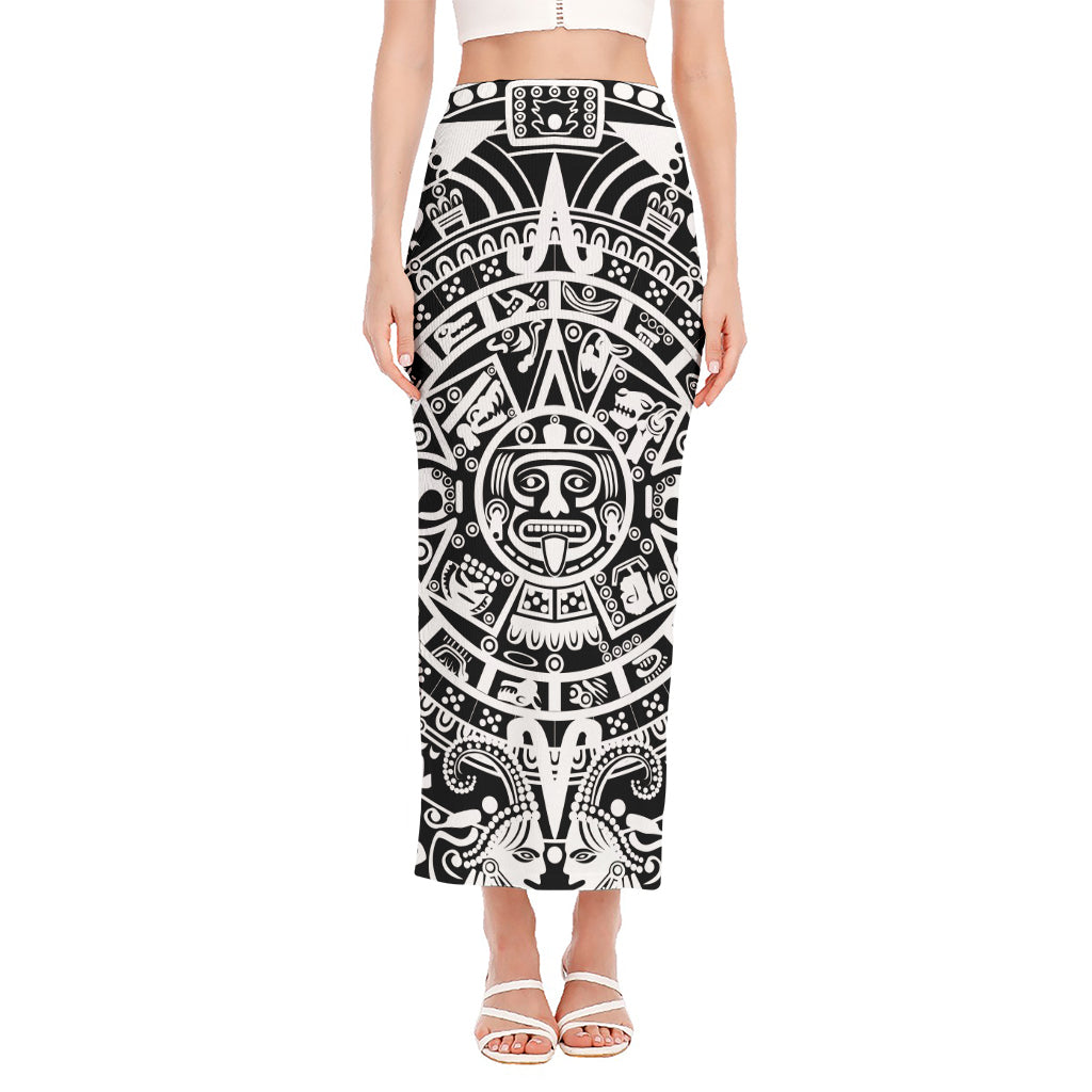 White And Black Maya Calendar Print Side Slit Maxi Skirt