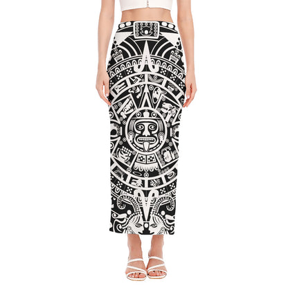 White And Black Maya Calendar Print Side Slit Maxi Skirt