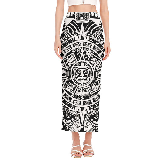 White And Black Maya Calendar Print Side Slit Maxi Skirt