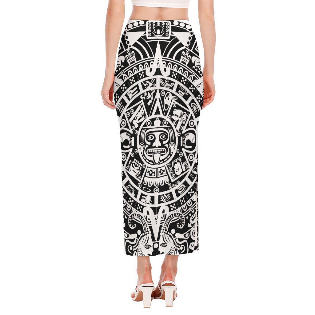 White And Black Maya Calendar Print Side Slit Maxi Skirt