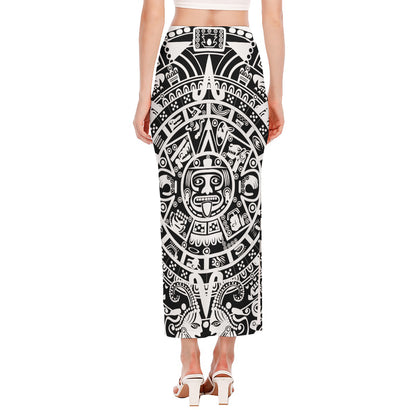 White And Black Maya Calendar Print Side Slit Maxi Skirt
