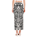 White And Black Maya Calendar Print Side Slit Maxi Skirt