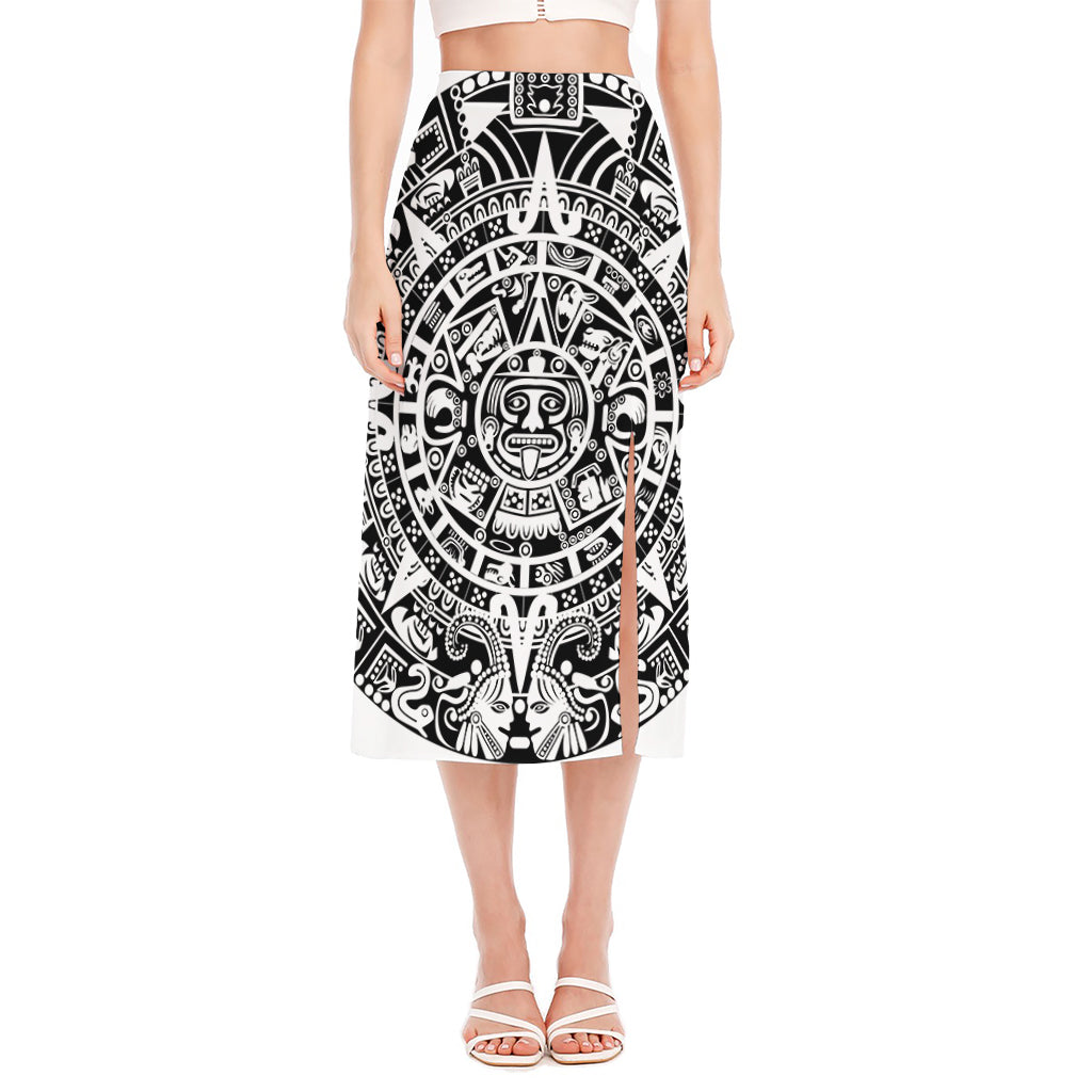 White And Black Maya Calendar Print Side Slit Midi Skirt