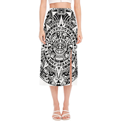 White And Black Maya Calendar Print Side Slit Midi Skirt