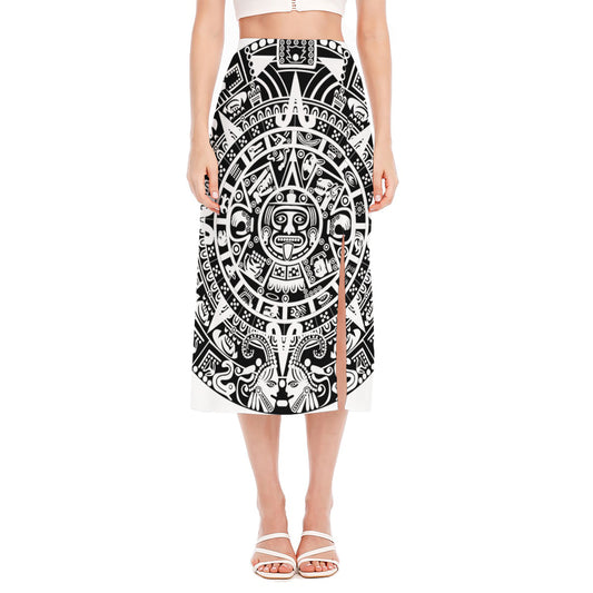 White And Black Maya Calendar Print Side Slit Midi Skirt