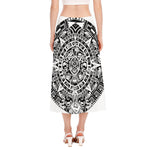 White And Black Maya Calendar Print Side Slit Midi Skirt