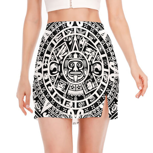 White And Black Maya Calendar Print Side Slit Mini Skirt