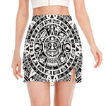 White And Black Maya Calendar Print Side Slit Mini Skirt