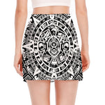 White And Black Maya Calendar Print Side Slit Mini Skirt