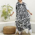White And Black Maya Calendar Print Silk V-Neck Kaftan Dress