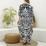 White And Black Maya Calendar Print Silk V-Neck Kaftan Dress