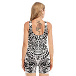White And Black Maya Calendar Print Sleeveless One Piece Swimsuit