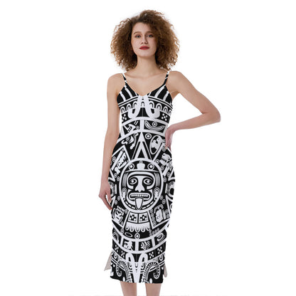 White And Black Maya Calendar Print Slim Fit Midi Cami Dress