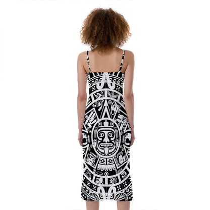 White And Black Maya Calendar Print Slim Fit Midi Cami Dress