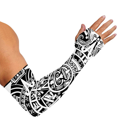 White And Black Maya Calendar Print Sun Protection Arm Sleeves