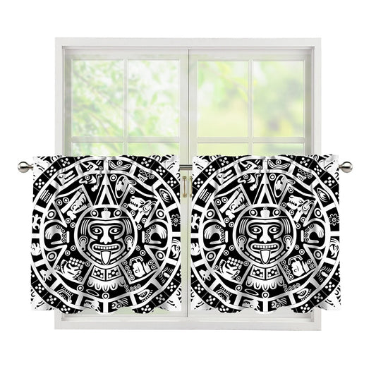 White And Black Maya Calendar Print Tier Curtains