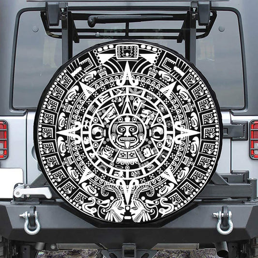 White And Black Maya Calendar Print Tire Cover