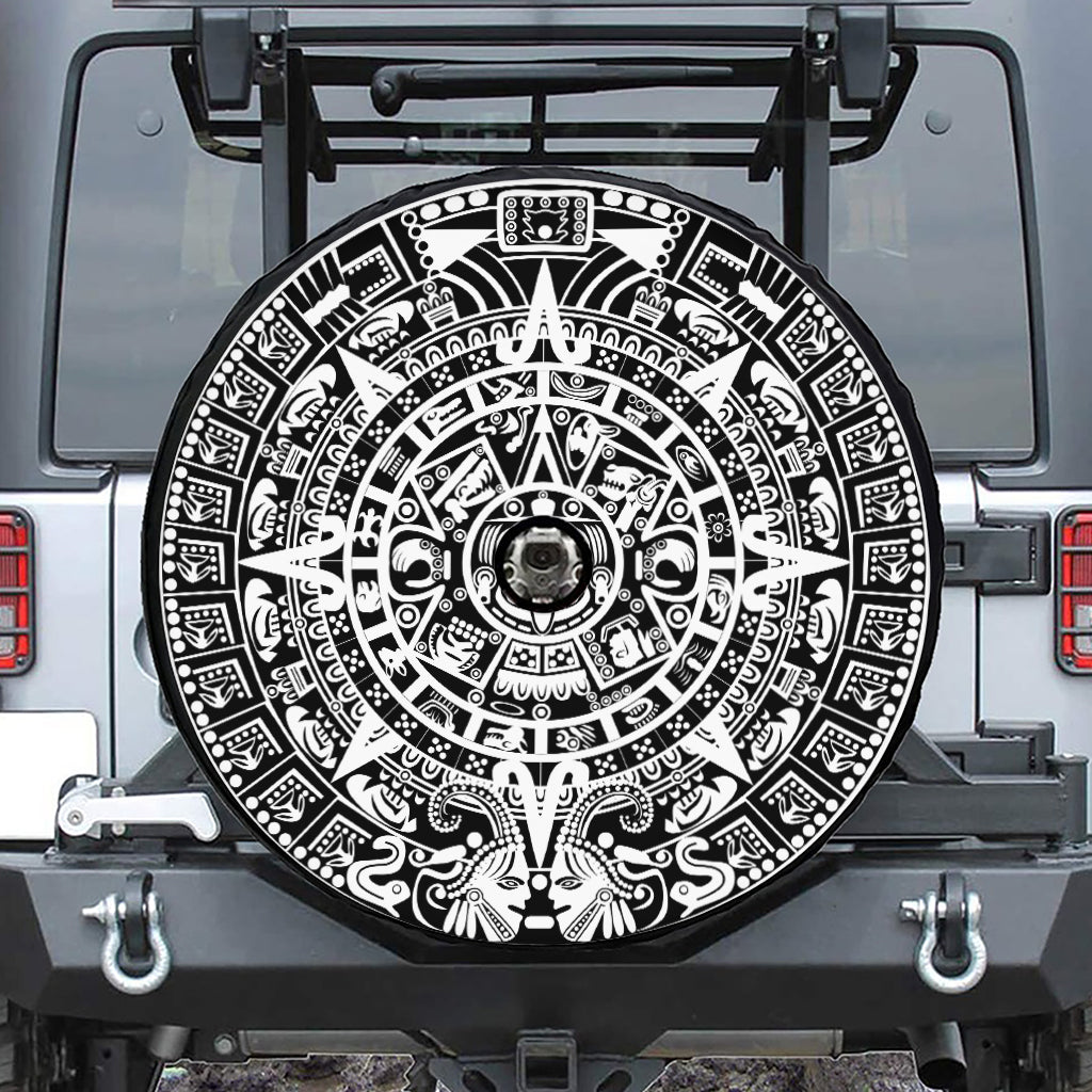 White And Black Maya Calendar Print Tire Cover With Camera Hole