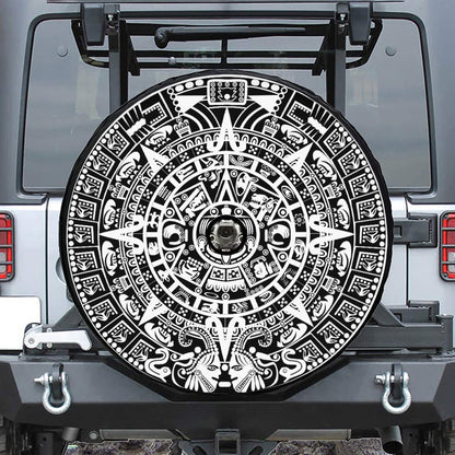 White And Black Maya Calendar Print Tire Cover With Camera Hole