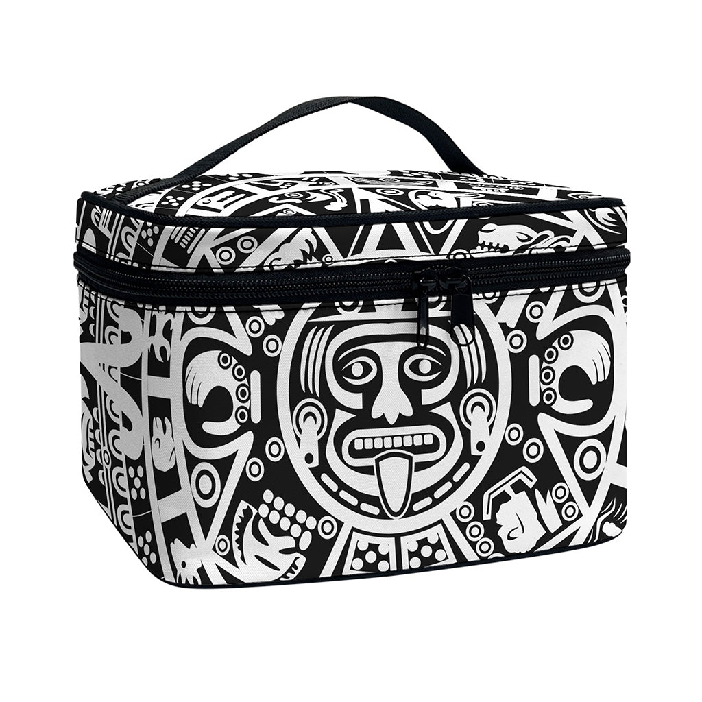 White And Black Maya Calendar Print Travel Makeup Bag