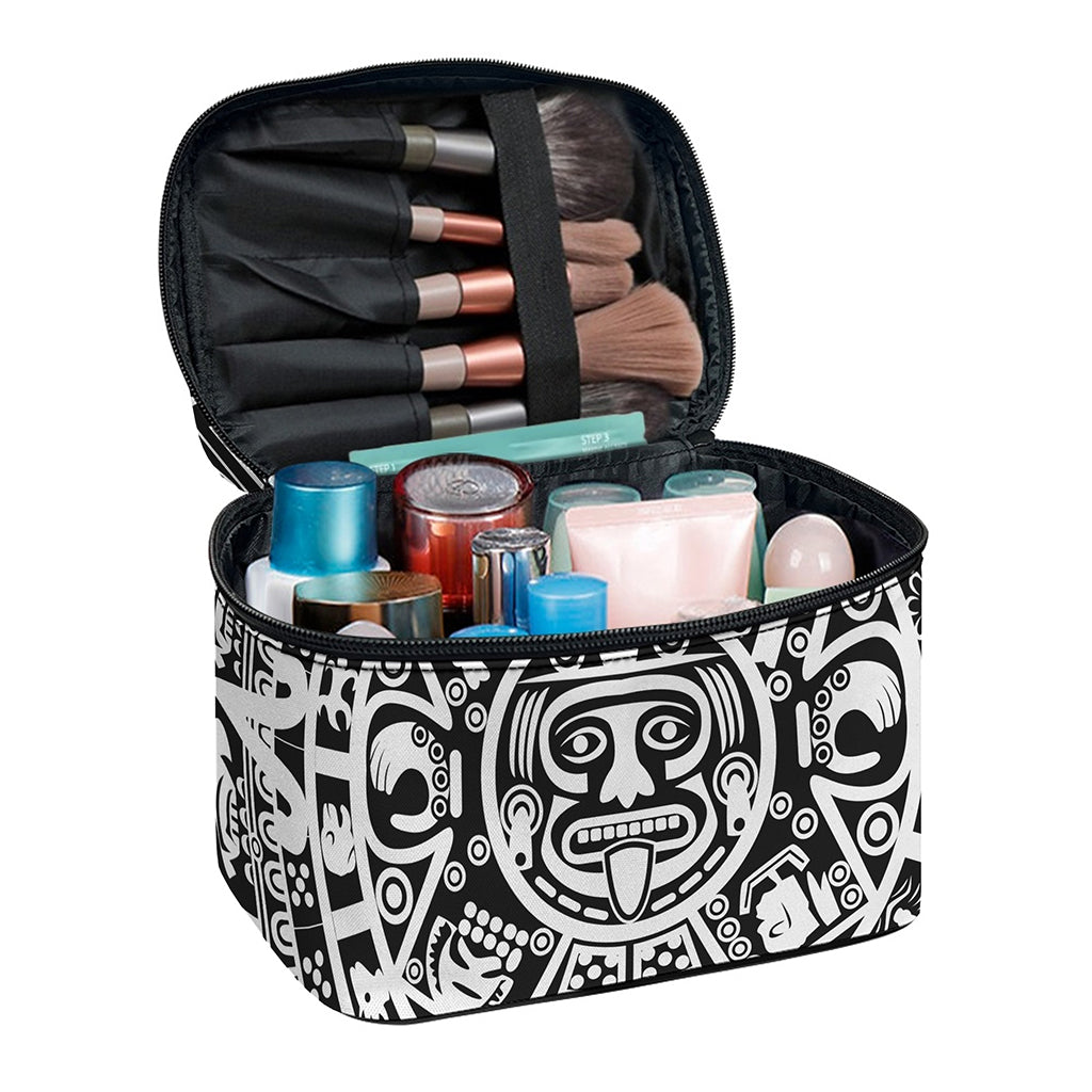 White And Black Maya Calendar Print Travel Makeup Bag