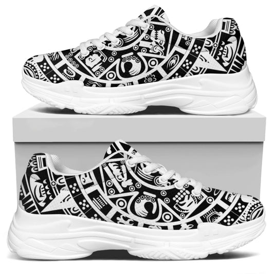 White And Black Maya Calendar Print White Chunky Shoes