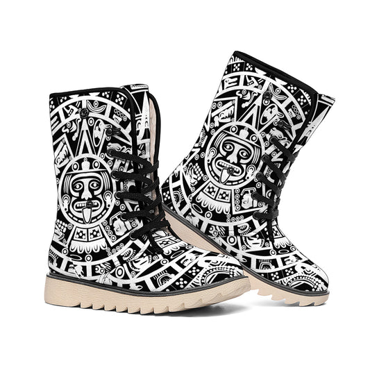 White And Black Maya Calendar Print Winter Boots