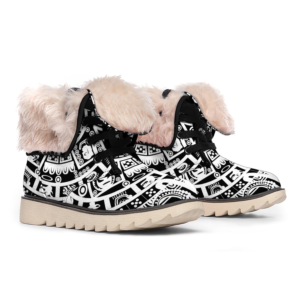 White And Black Maya Calendar Print Winter Boots