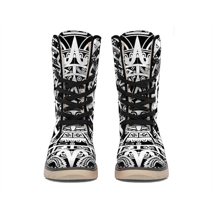 White And Black Maya Calendar Print Winter Boots