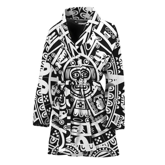 White And Black Maya Calendar Print Women's Bathrobe