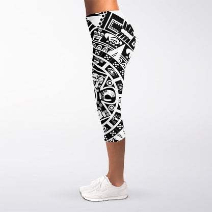 White And Black Maya Calendar Print Women's Capri Leggings