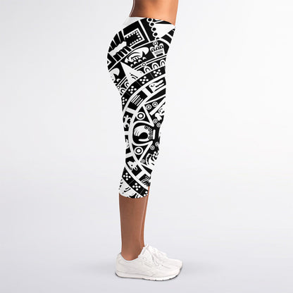 White And Black Maya Calendar Print Women's Capri Leggings