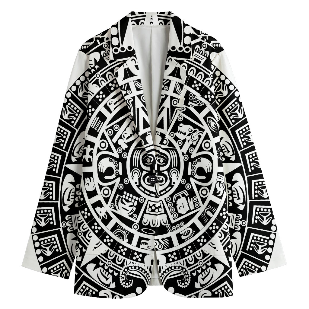 White And Black Maya Calendar Print Women's Cotton Blazer