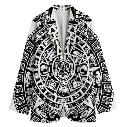 White And Black Maya Calendar Print Women's Cotton Blazer