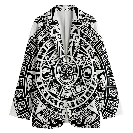 White And Black Maya Calendar Print Women's Cotton Blazer
