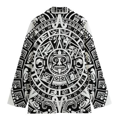 White And Black Maya Calendar Print Women's Cotton Blazer
