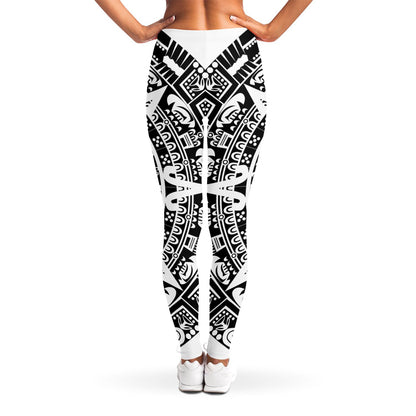 White And Black Maya Calendar Print Women's Leggings