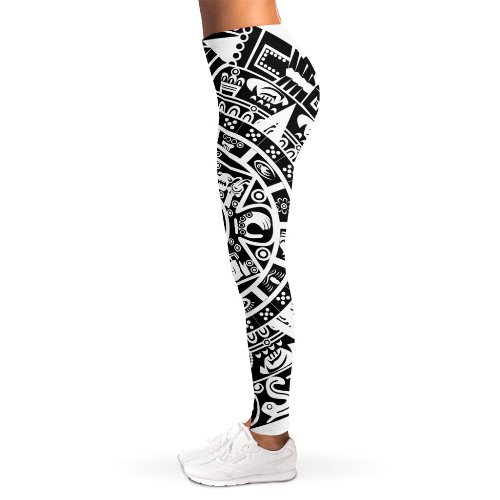 White And Black Maya Calendar Print Women's Leggings