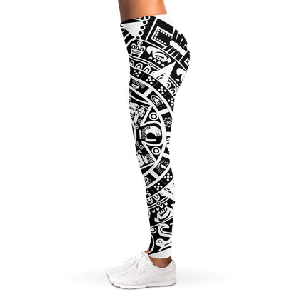 White And Black Maya Calendar Print Women's Leggings