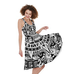 White And Black Maya Calendar Print Women's Sleeveless Dress