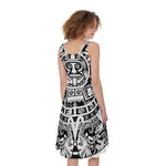 White And Black Maya Calendar Print Women's Sleeveless Dress