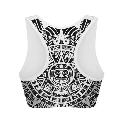 White And Black Maya Calendar Print Women's Sports Bra