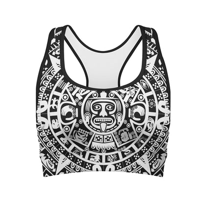 White And Black Maya Calendar Print Women's Sports Bra