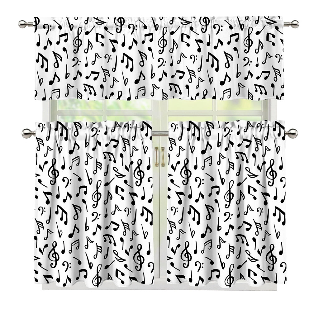 White And Black Music Note Pattern Print 3 Piece Kitchen Curtains