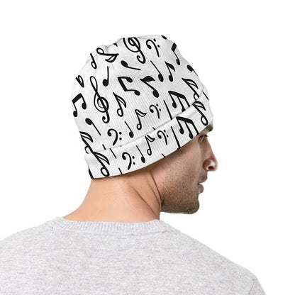 White And Black Music Note Pattern Print Beanie