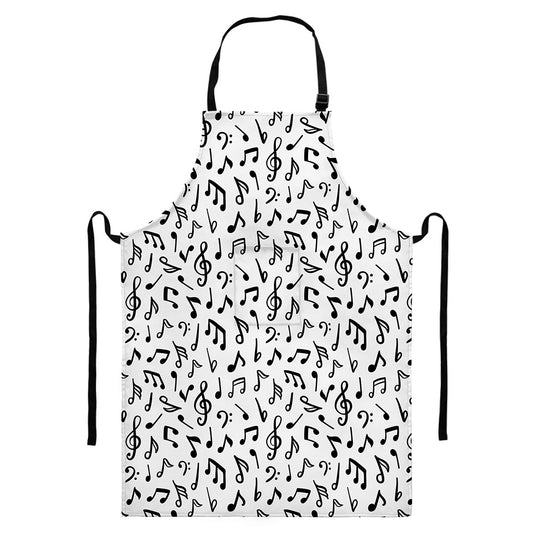 White And Black Music Note Pattern Print Bib Apron With Pocket