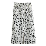 White And Black Music Note Pattern Print Cotton Front Slit Maxi Skirt